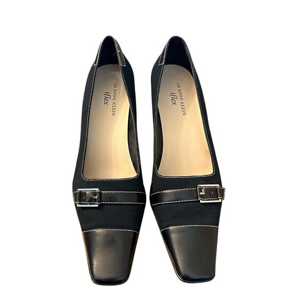 AK ANNE KLEIN iflex 9 M Black Fabric Heels Pumps Buckle Slip On Square Toe - Picture 2 of 9